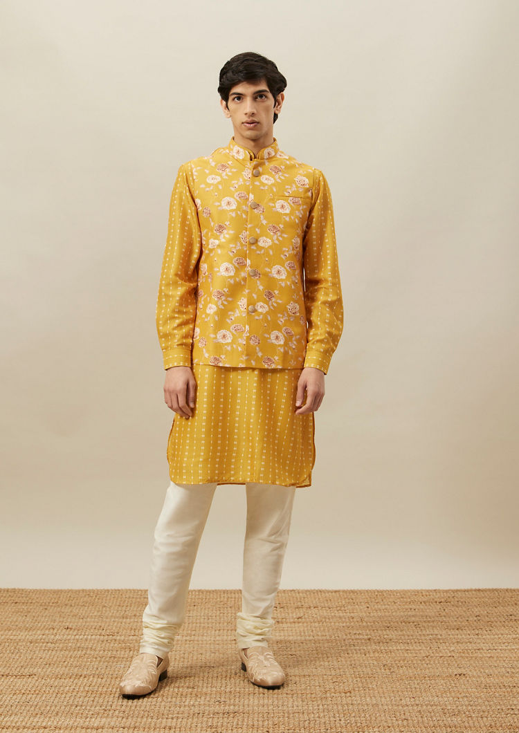 Twamev Men Amber Yellow Printed Kurta Jacket Set