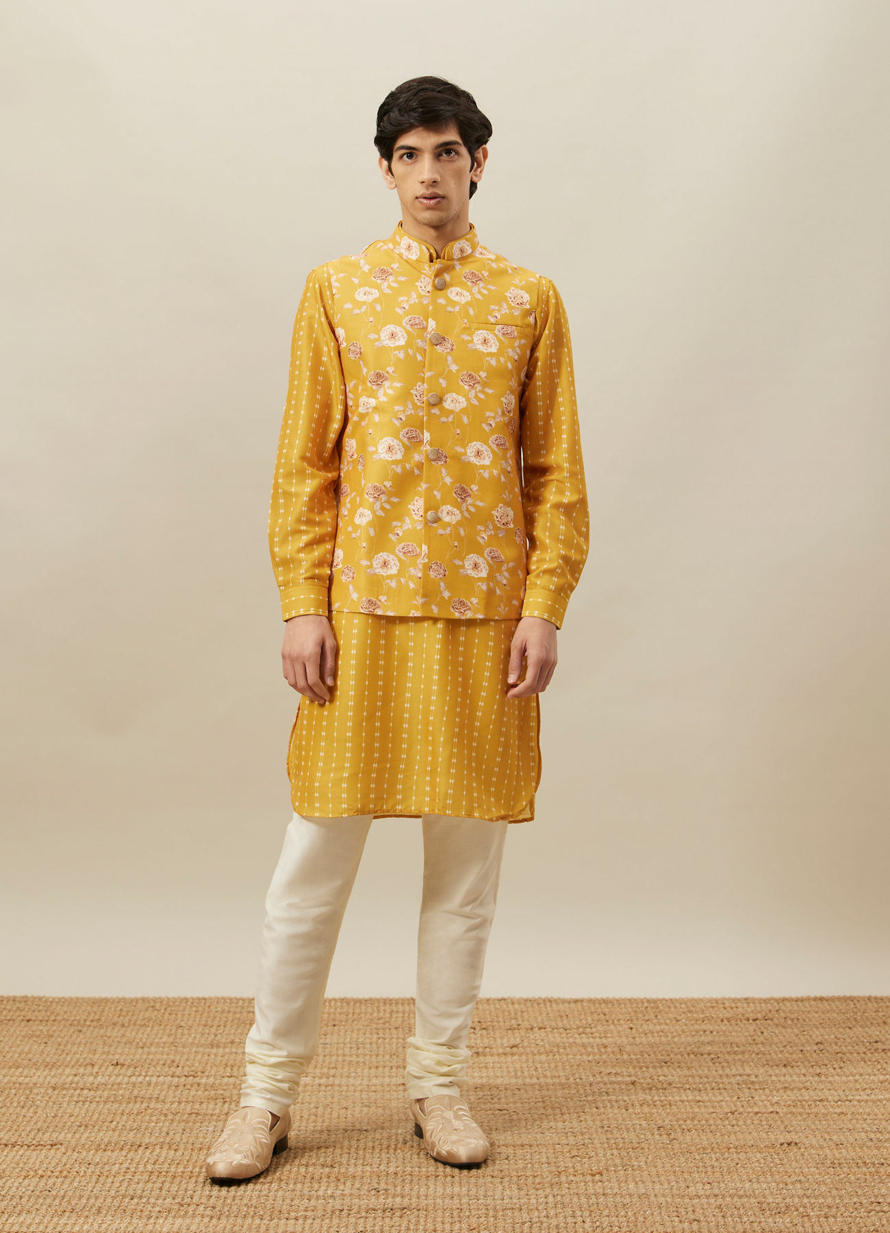 Twamev Men Amber Yellow Printed Kurta Jacket Set