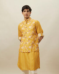 Twamev Men Amber Yellow Printed Kurta Jacket Set