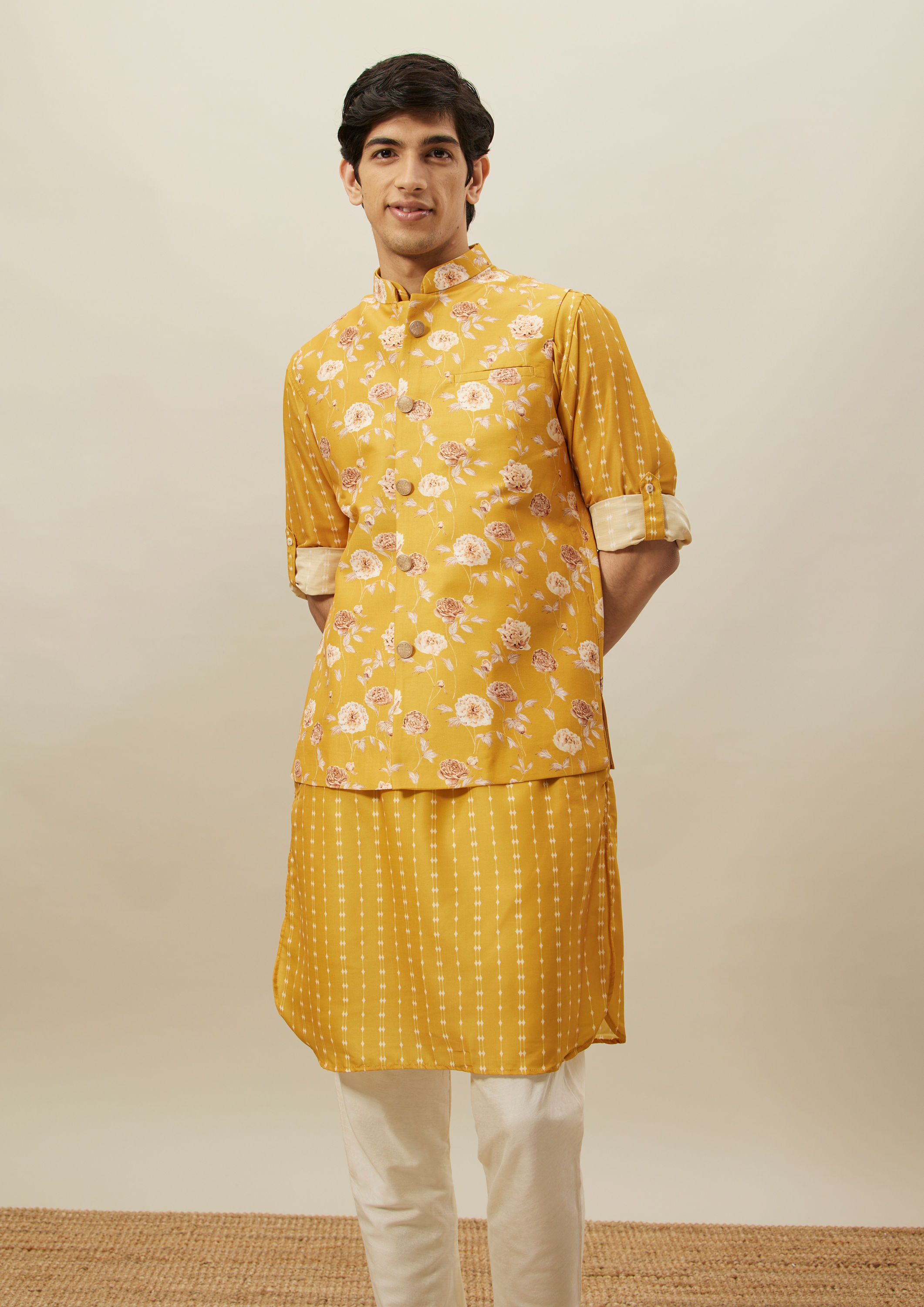 Twamev Men Amber Yellow Printed Kurta Jacket Set