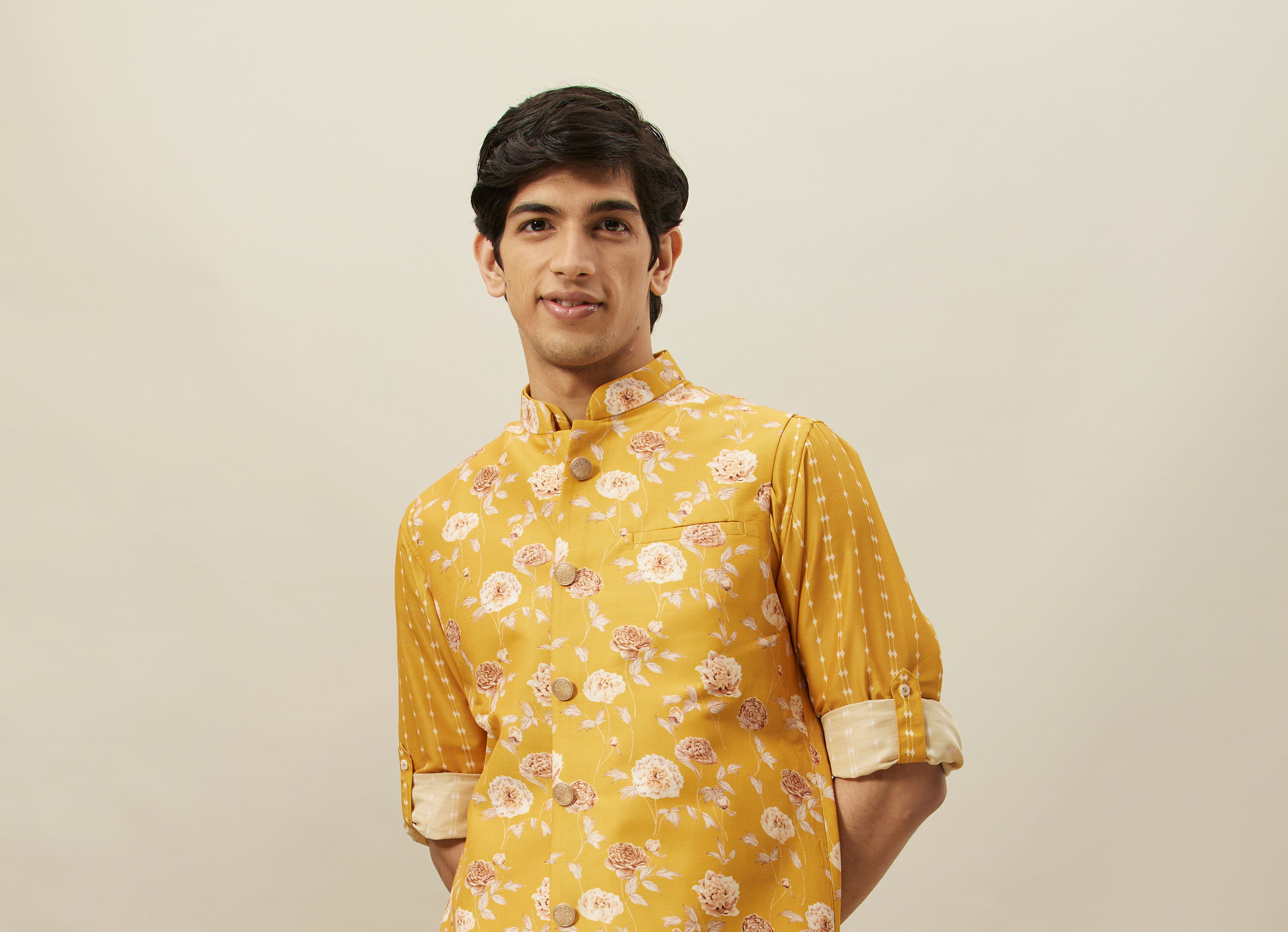Twamev Men Amber Yellow Printed Kurta Jacket Set