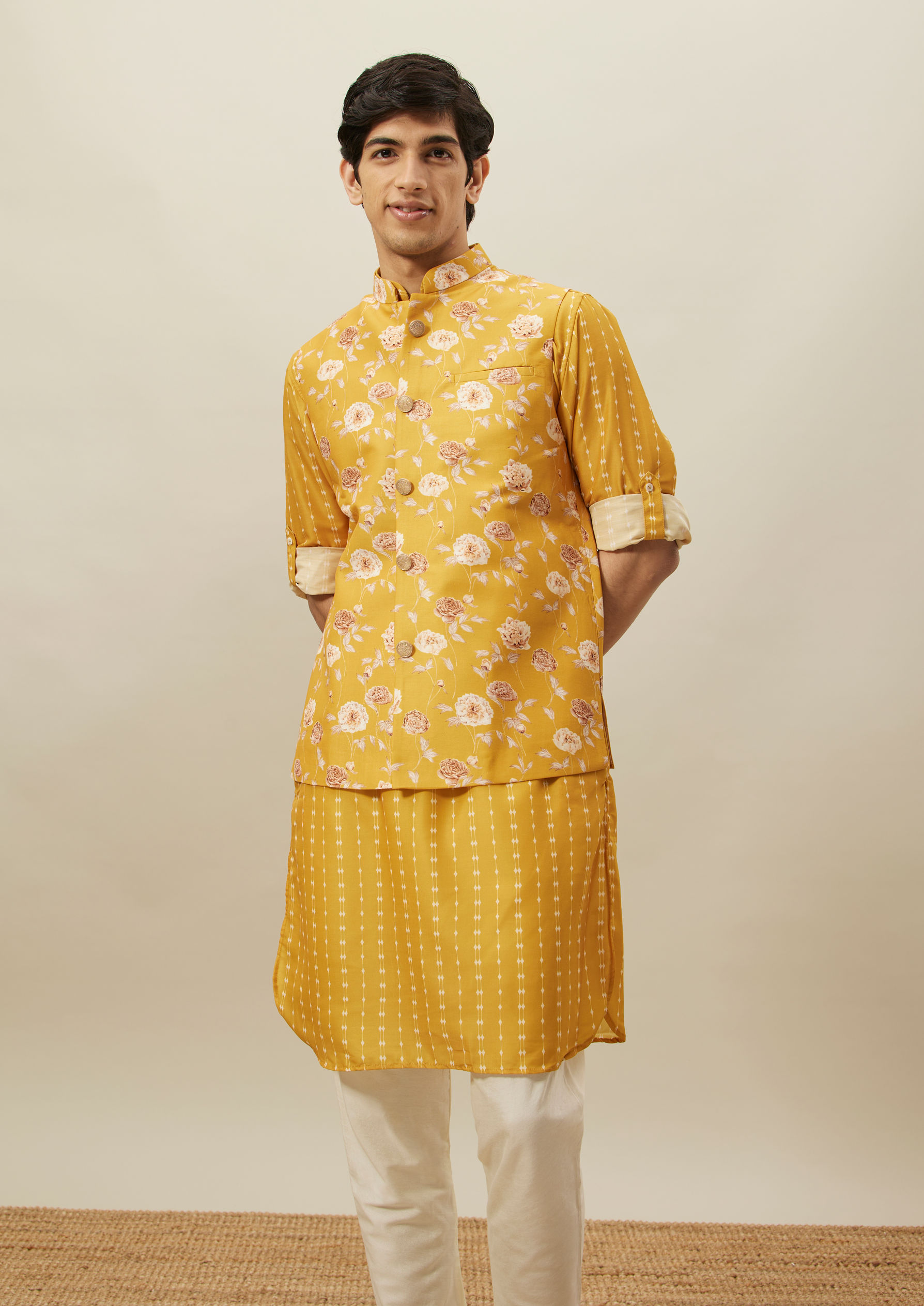 Twamev Men Amber Yellow Printed Kurta Jacket Set