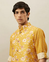 Twamev Men Amber Yellow Printed Kurta Jacket Set
