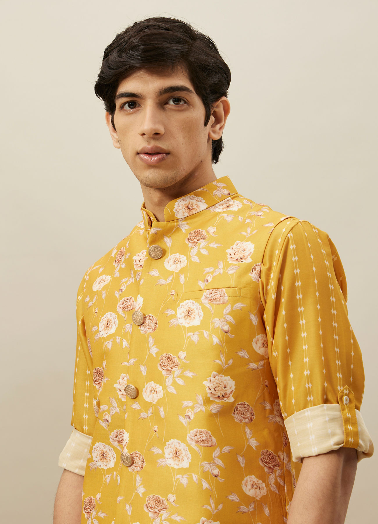 Twamev Men Amber Yellow Printed Kurta Jacket Set