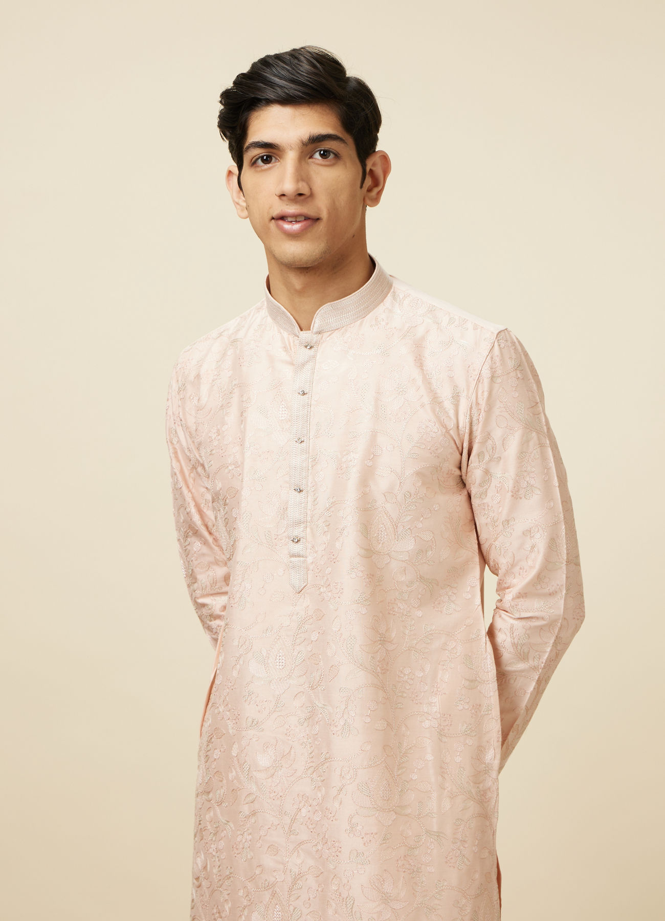 Manyavar Men Soft Pink Bel Buti Patterned Kurta Set