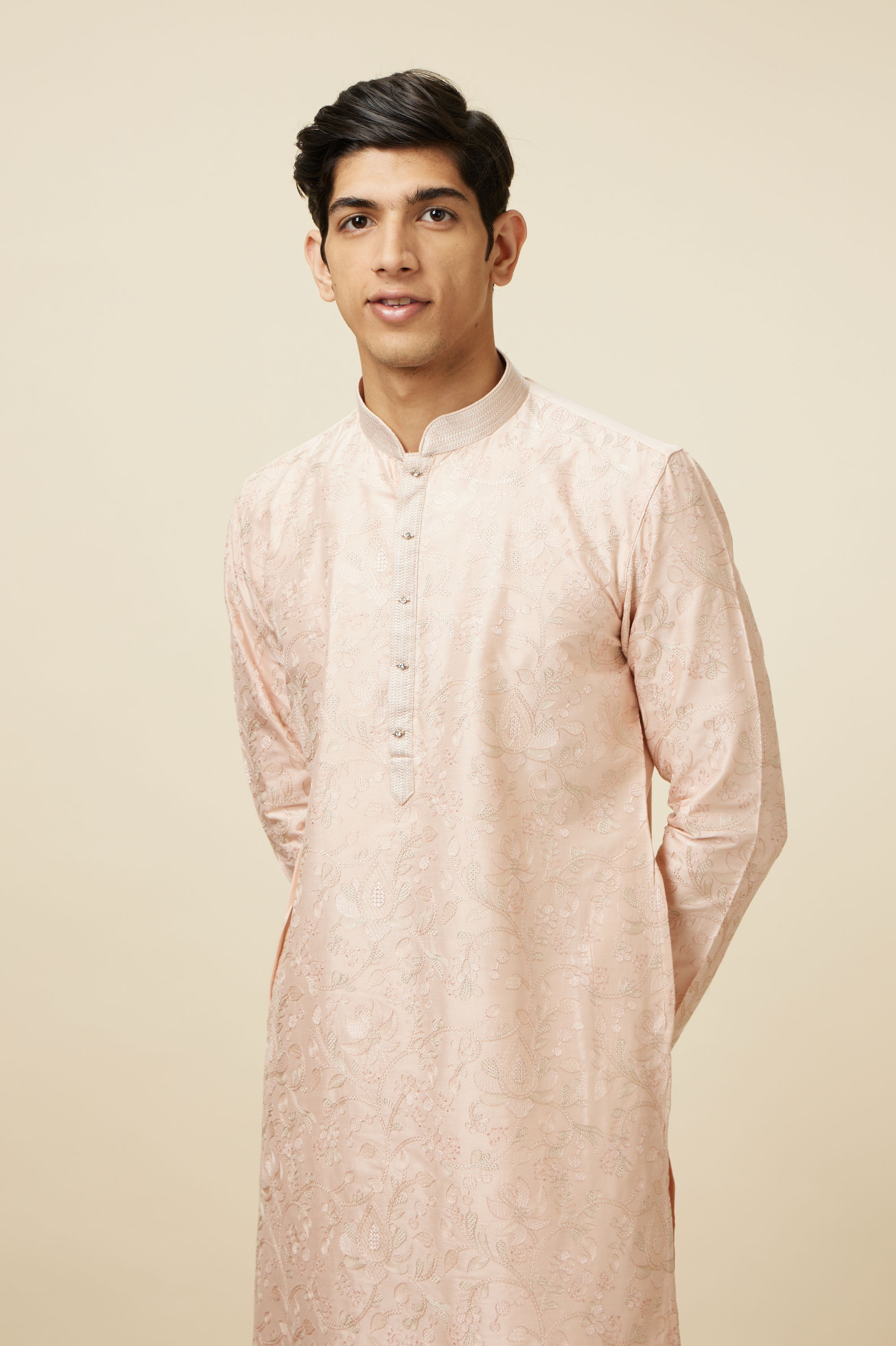 Manyavar Men Soft Pink Bel Buti Patterned Kurta Set