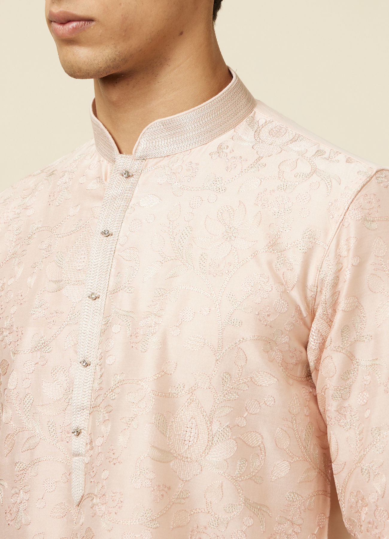 Manyavar Men Soft Pink Bel Buti Patterned Kurta Set