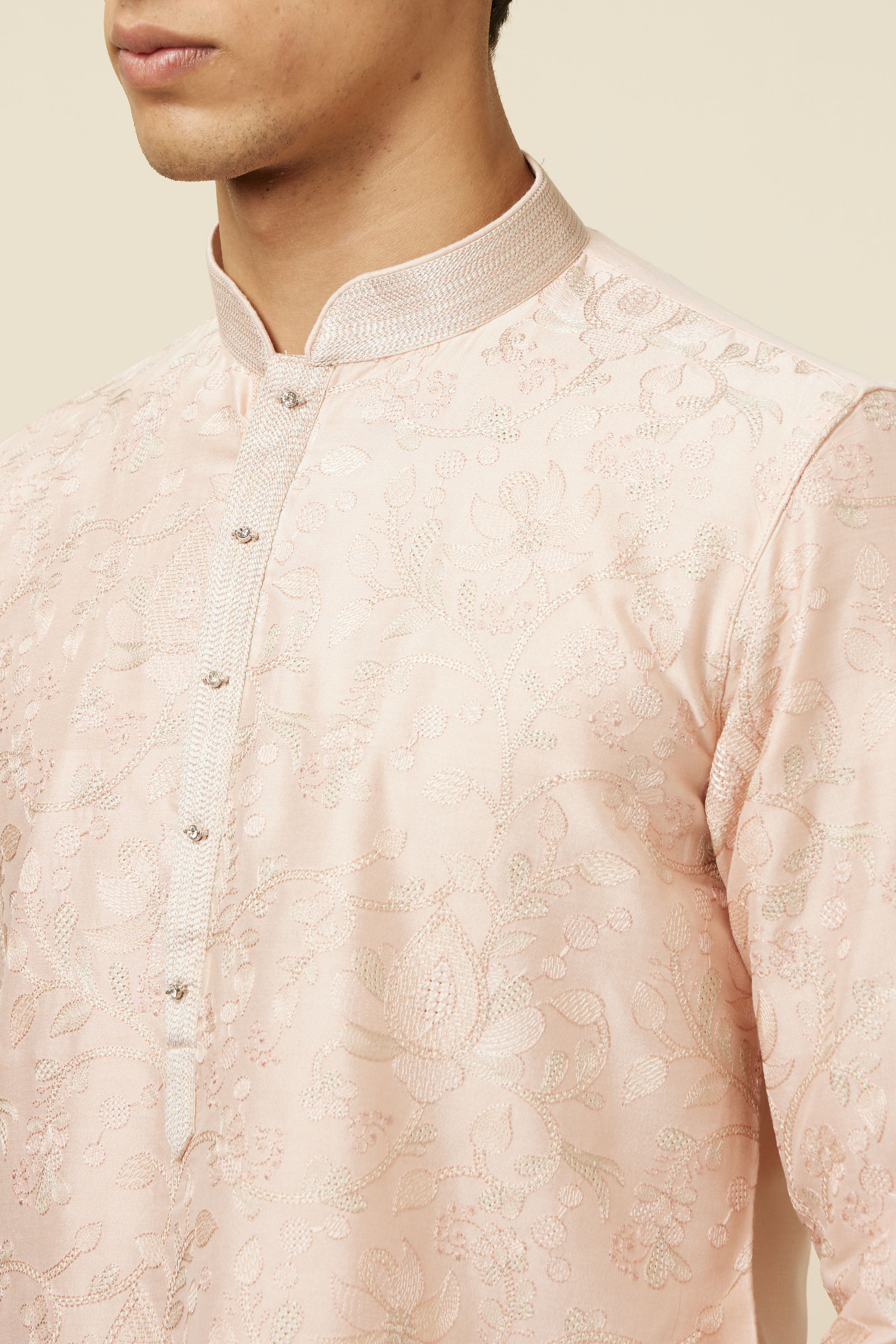 Manyavar Men Soft Pink Bel Buti Patterned Kurta Set