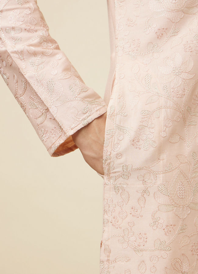 Manyavar Men Soft Pink Bel Buti Patterned Kurta Set