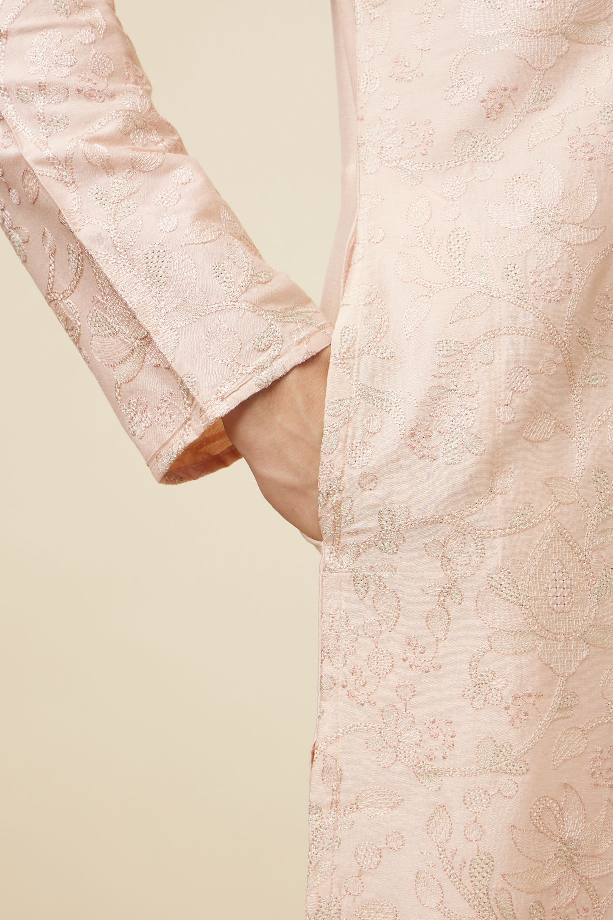 Manyavar Men Soft Pink Bel Buti Patterned Kurta Set