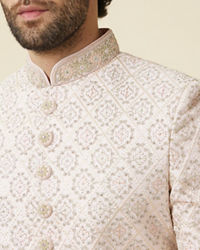 Manyavar Men Cream Pink Jaal Patterned Sherwani Set