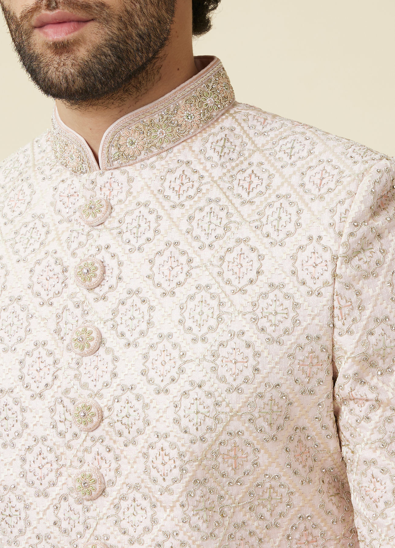 Manyavar Men Cream Pink Jaal Patterned Sherwani Set