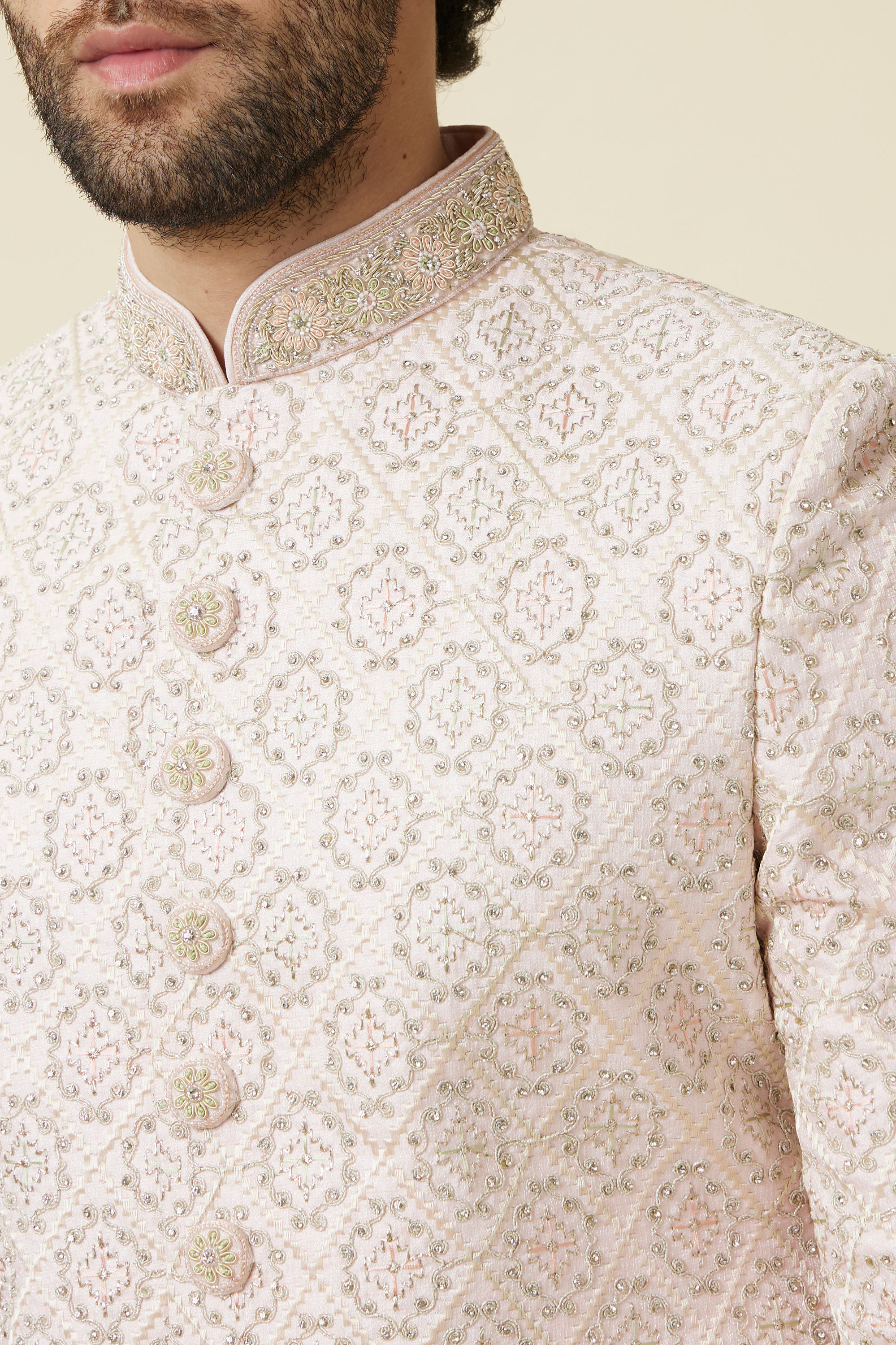 Manyavar Men Cream Pink Jaal Patterned Sherwani Set