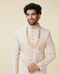 Manyavar Men Cream Pink Jaal Patterned Sherwani Set