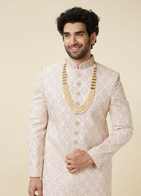 alt message - Manyavar Men Cream Pink Jaal Patterned Sherwani Set image number 0