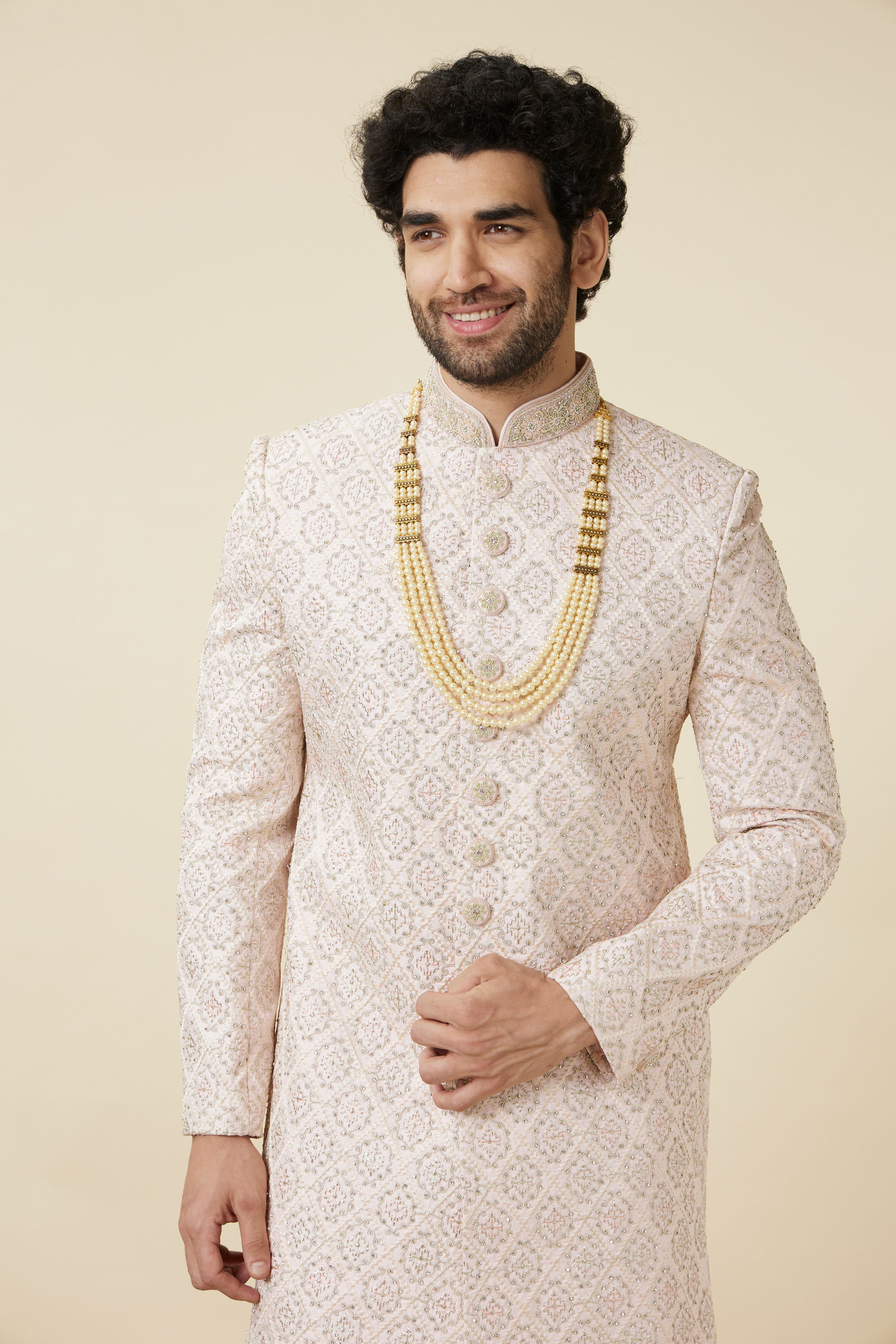 Manyavar Men Cream Pink Jaal Patterned Sherwani Set