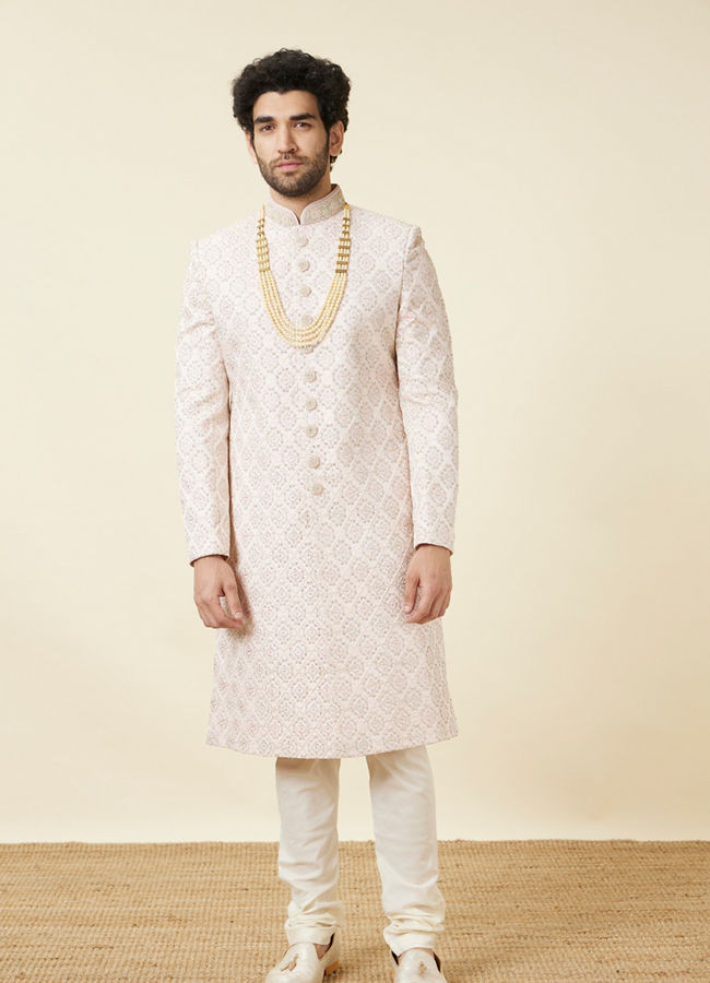 alt message - Manyavar Men Cream Pink Jaal Patterned Sherwani Set image number 2