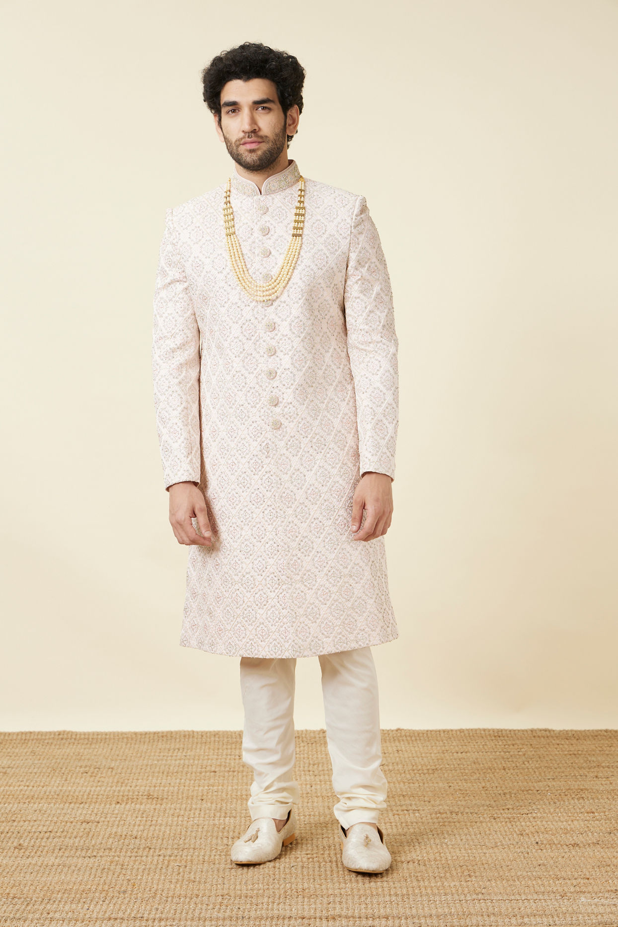 Manyavar Men Cream Pink Jaal Patterned Sherwani Set