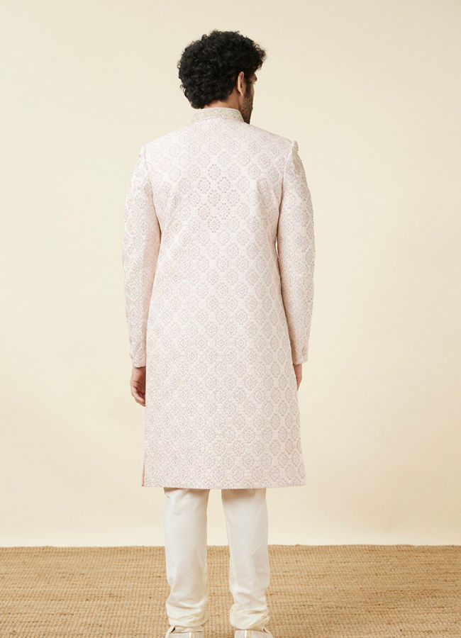 Manyavar Men Cream Pink Jaal Patterned Sherwani Set