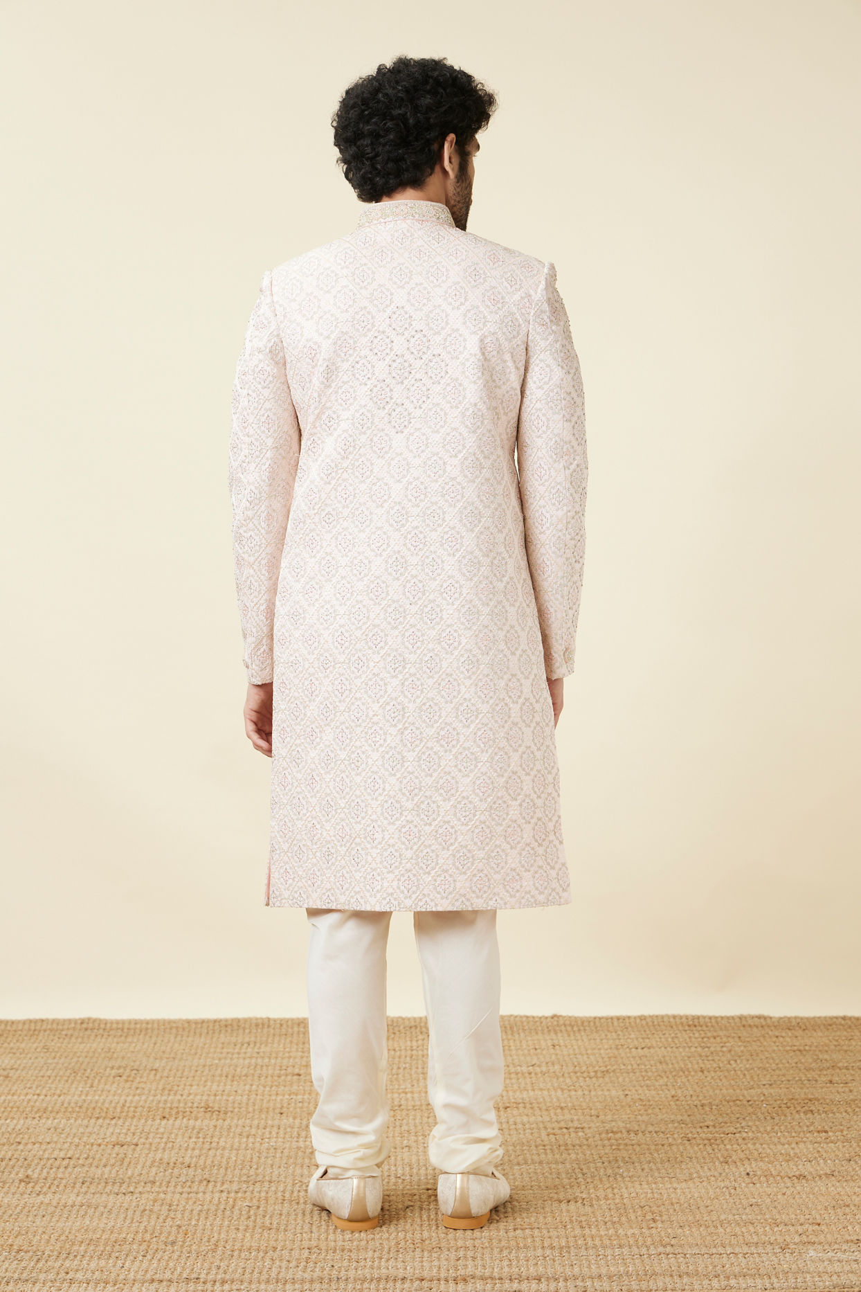 Manyavar Men Cream Pink Jaal Patterned Sherwani Set