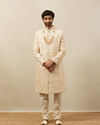 Manyavar Men Pearled Ivory White Floral Jaal Patterned Sherwani Set