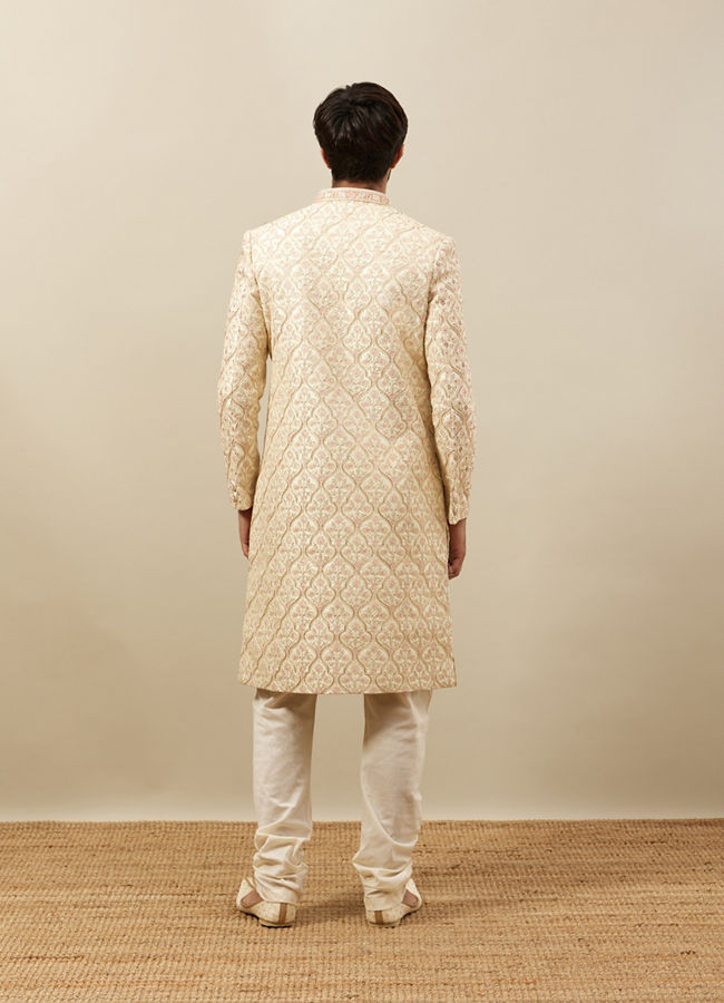 Manyavar Men Pearled Ivory White Floral Jaal Patterned Sherwani Set