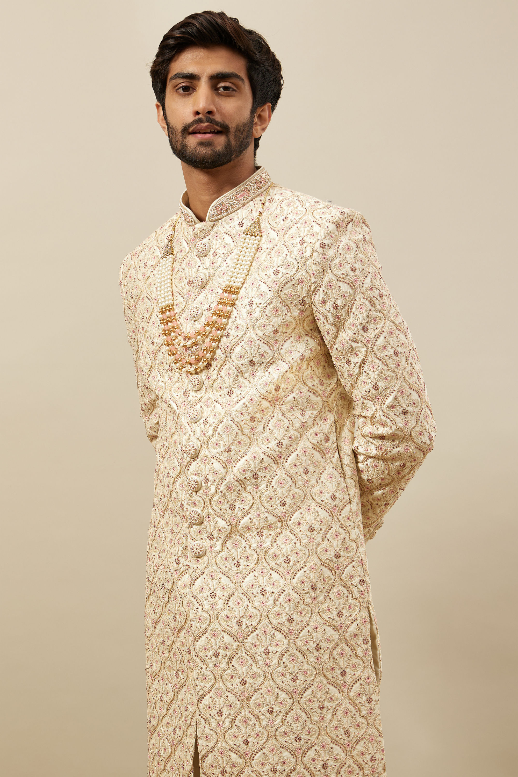 Manyavar Men Pearled Ivory White Floral Jaal Patterned Sherwani Set