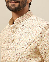 Manyavar Men Pearled Ivory White Floral Jaal Patterned Sherwani Set