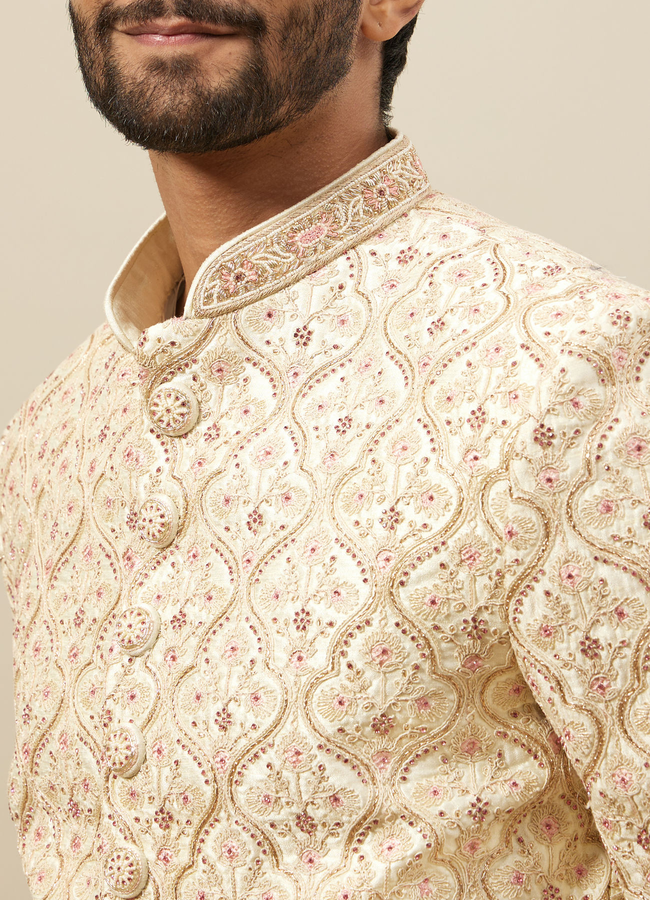 Manyavar Men Pearled Ivory White Floral Jaal Patterned Sherwani Set