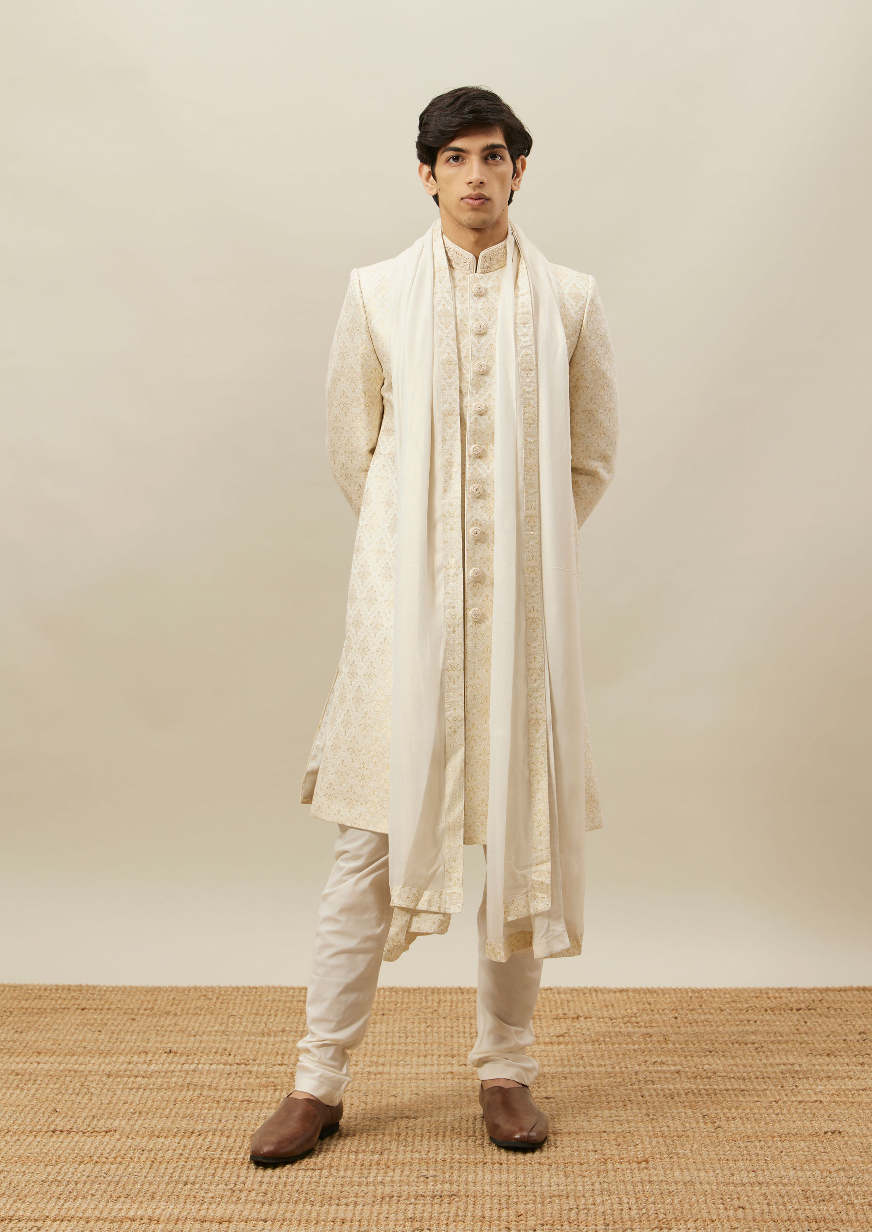 Twamev Men Biscuit Woven Sherwani Set