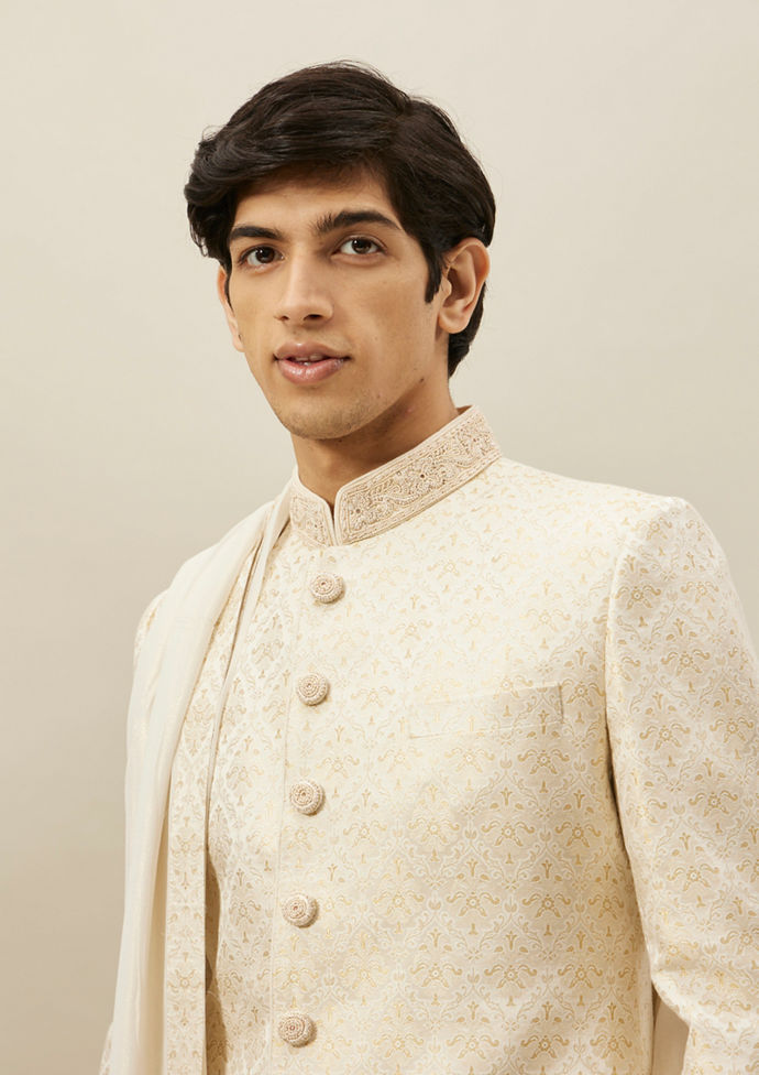 Twamev Men Biscuit Woven Sherwani Set