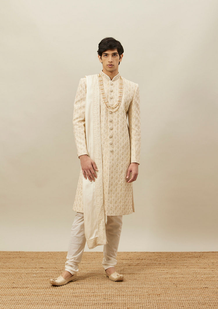 Twamev Men Cream Self Embroidered Sherwani Set