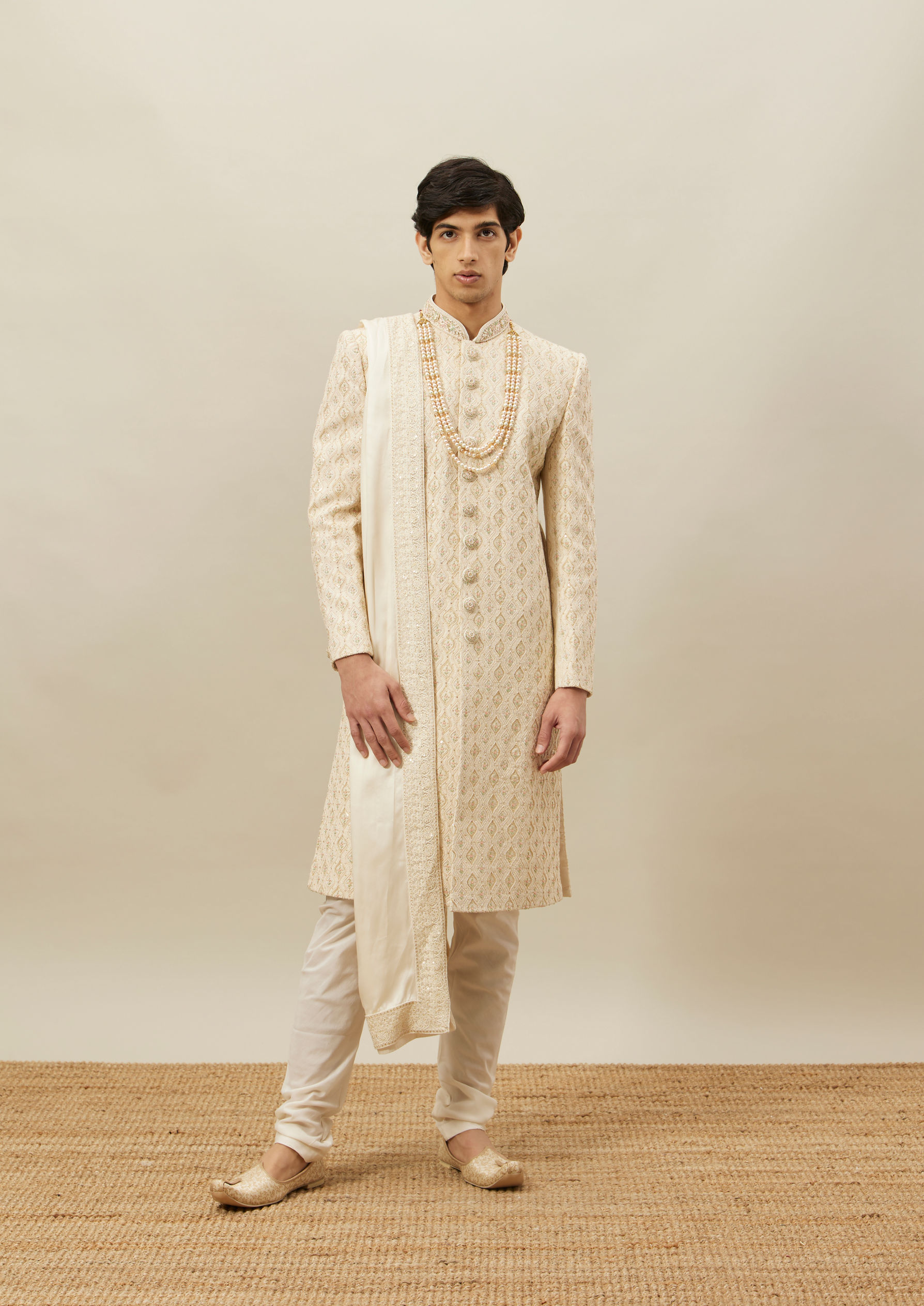 Twamev Men Cream Self Embroidered Sherwani Set