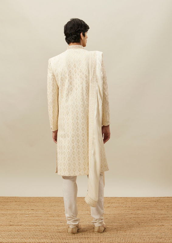Twamev Men Cream Self Embroidered Sherwani Set