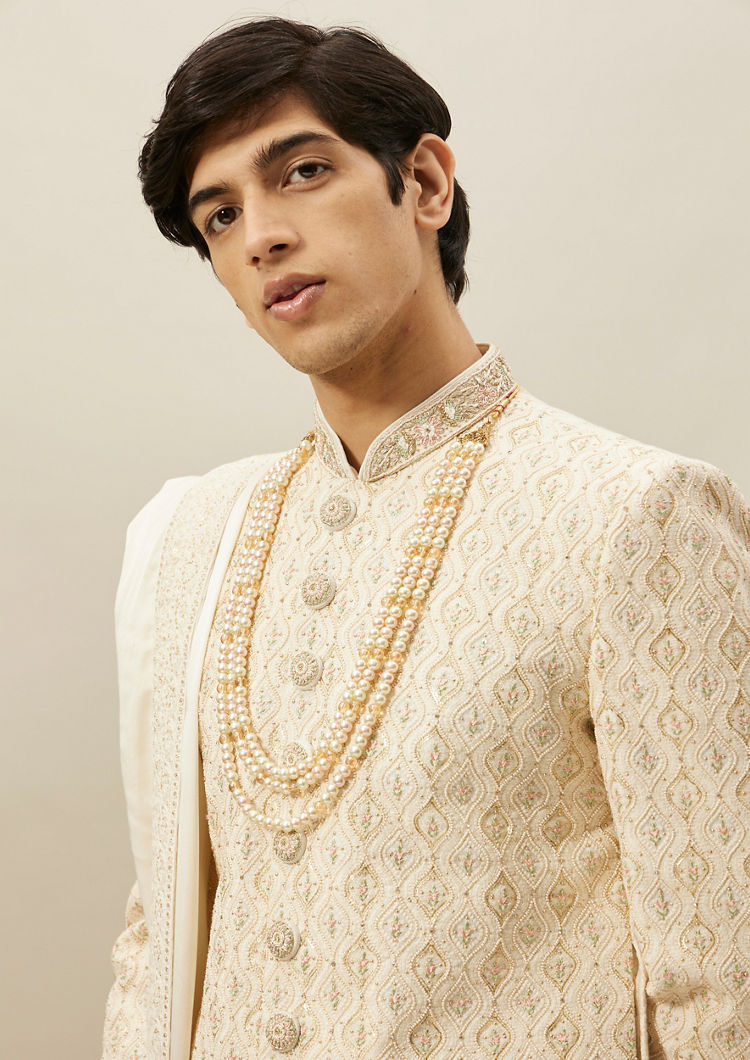 Twamev Men Cream Self Embroidered Sherwani Set