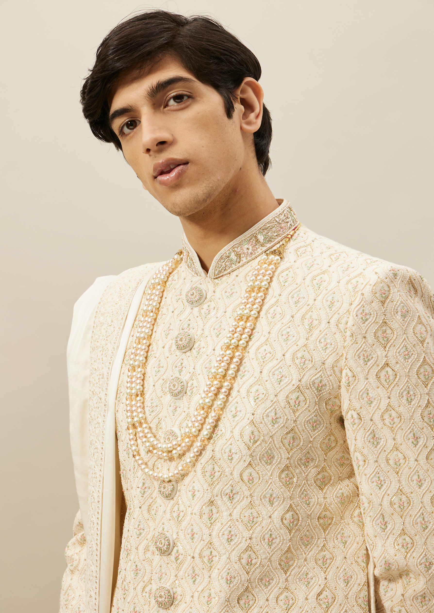 Twamev Men Cream Self Embroidered Sherwani Set