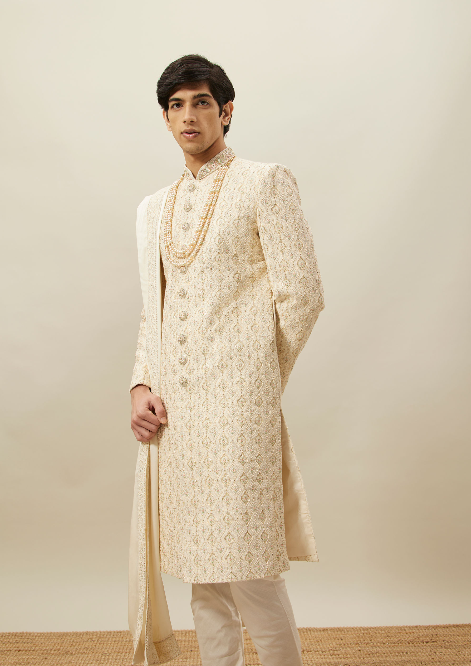 Twamev Men Cream Self Embroidered Sherwani Set
