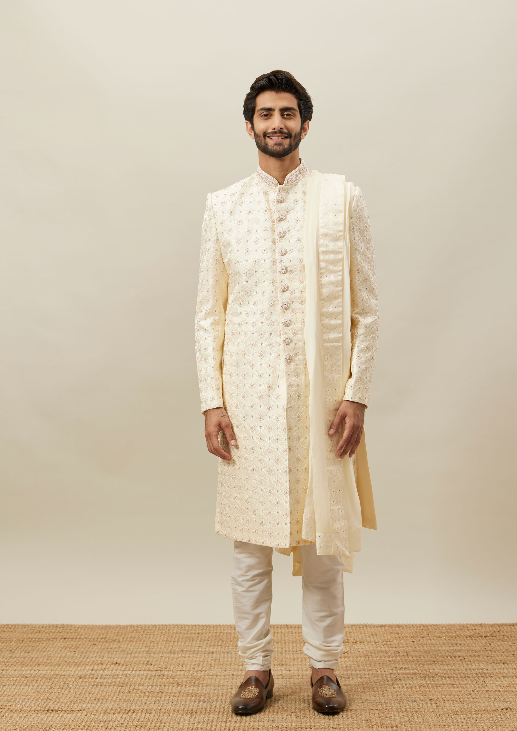 Twamev Men Light Cream Embroidered Sherwani Set