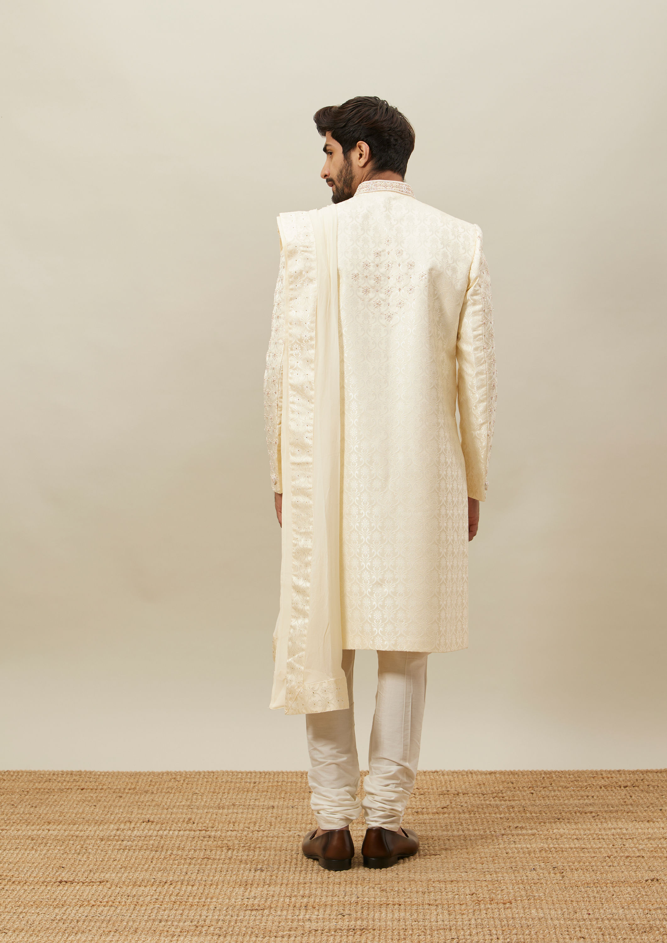 Twamev Men Light Cream Embroidered Sherwani Set