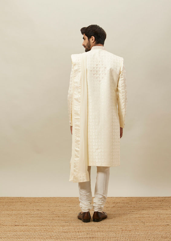 Twamev Men Light Cream Embroidered Sherwani Set