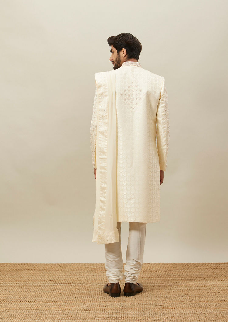 Twamev Men Light Cream Embroidered Sherwani Set