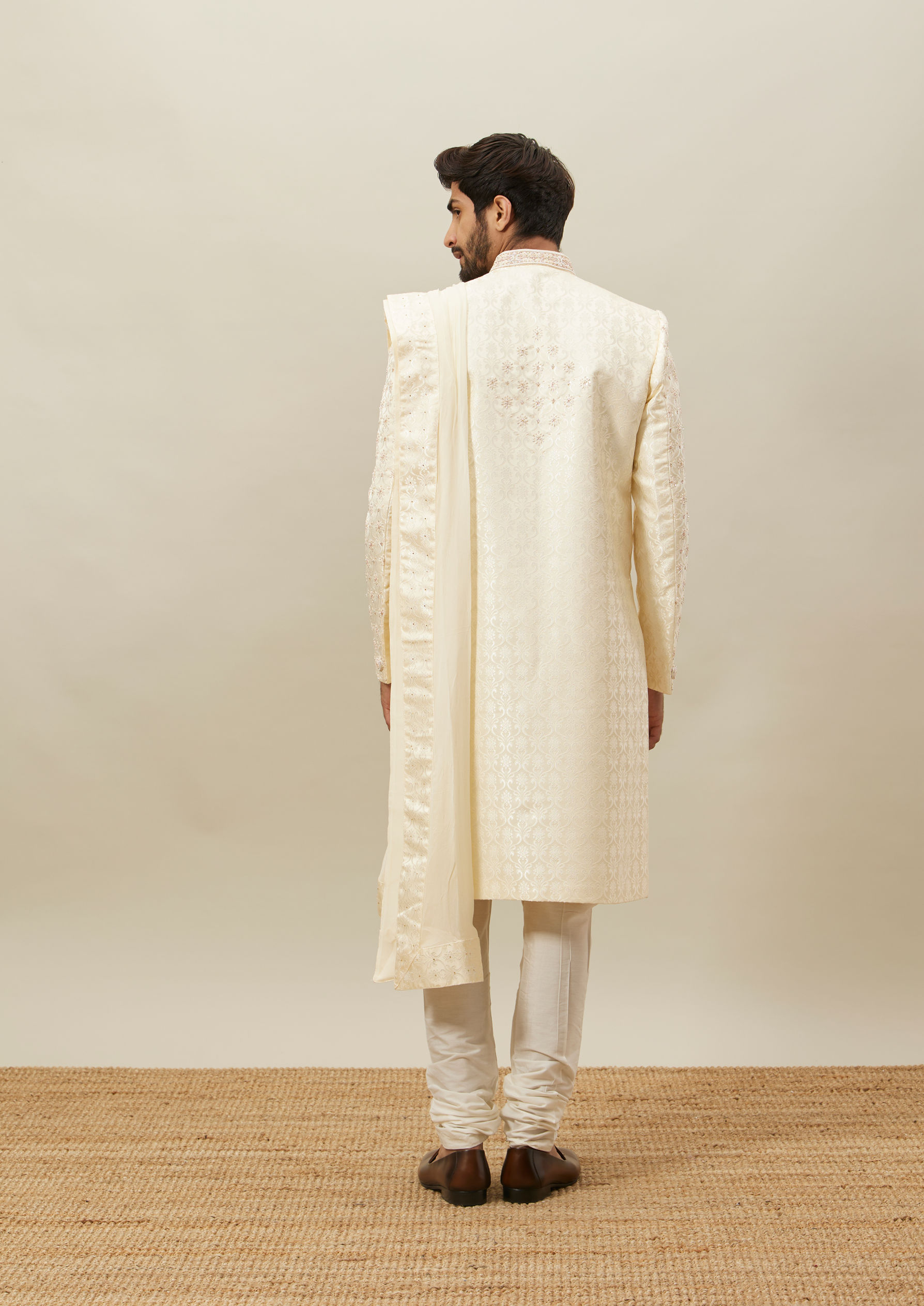 Twamev Men Light Cream Embroidered Sherwani Set
