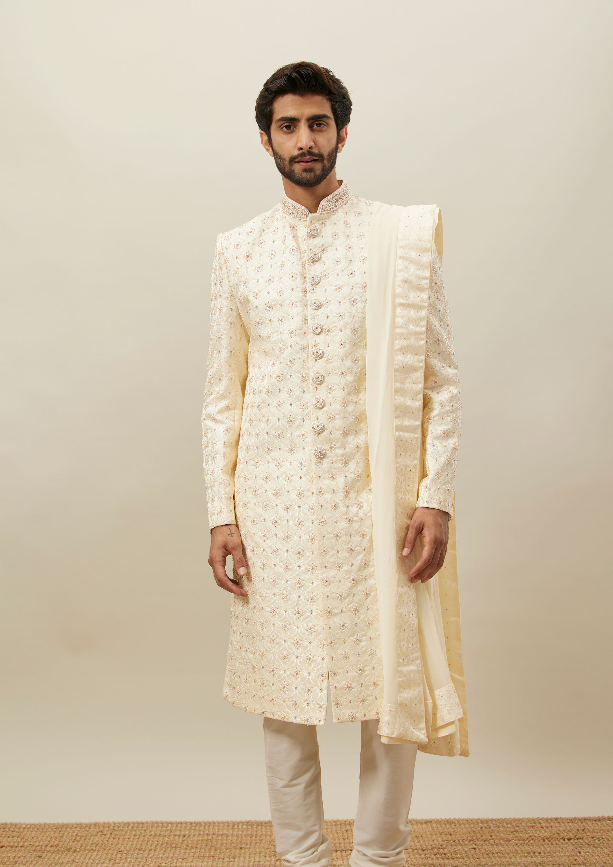 Twamev Men Light Cream Embroidered Sherwani Set