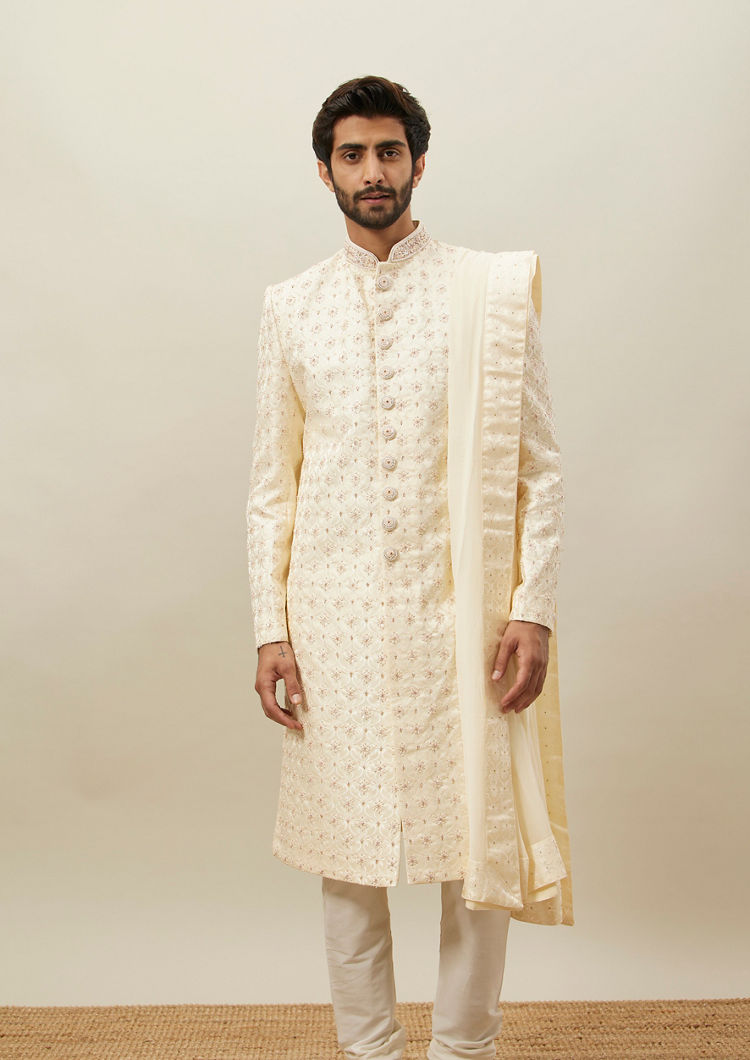 Twamev Men Light Cream Embroidered Sherwani Set