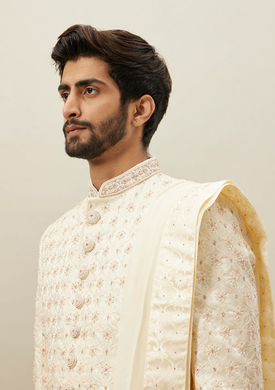 Twamev Men Light Cream Embroidered Sherwani Set