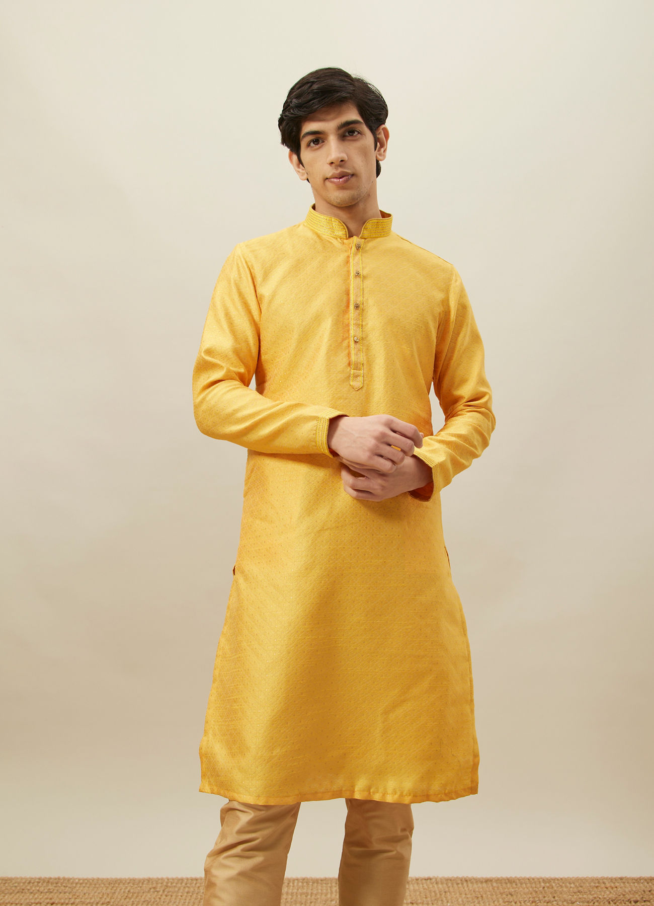 Manyavar Men Illuminating Yellow Floral Patterned Kurta Set