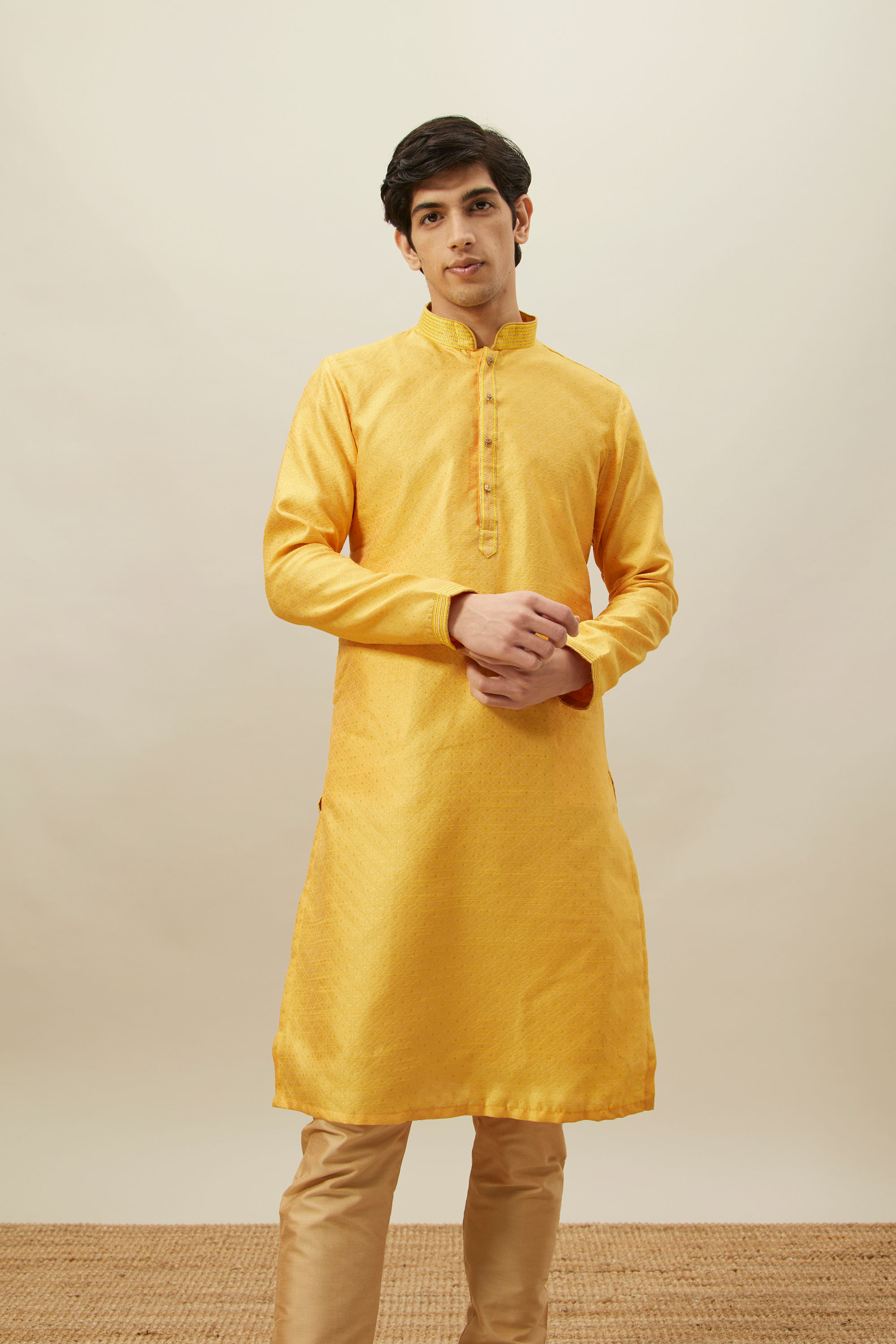 Manyavar Men Illuminating Yellow Floral Patterned Kurta Set