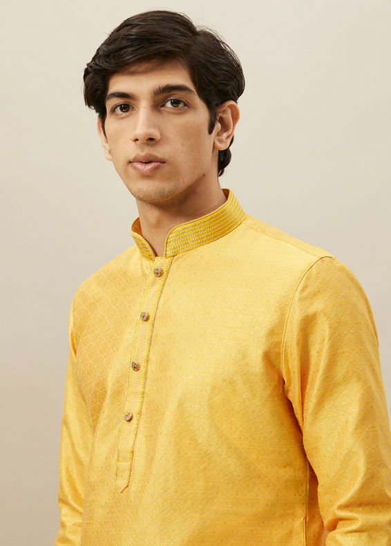 Manyavar Men Illuminating Yellow Floral Patterned Kurta Set