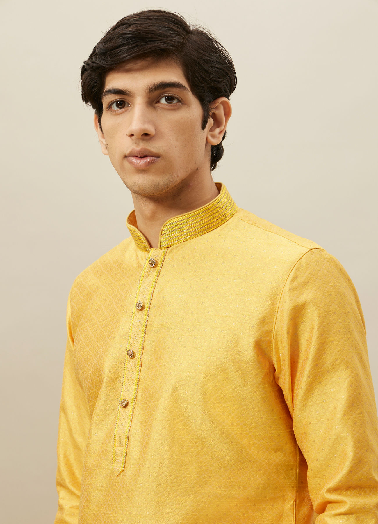 Manyavar Men Illuminating Yellow Floral Patterned Kurta Set