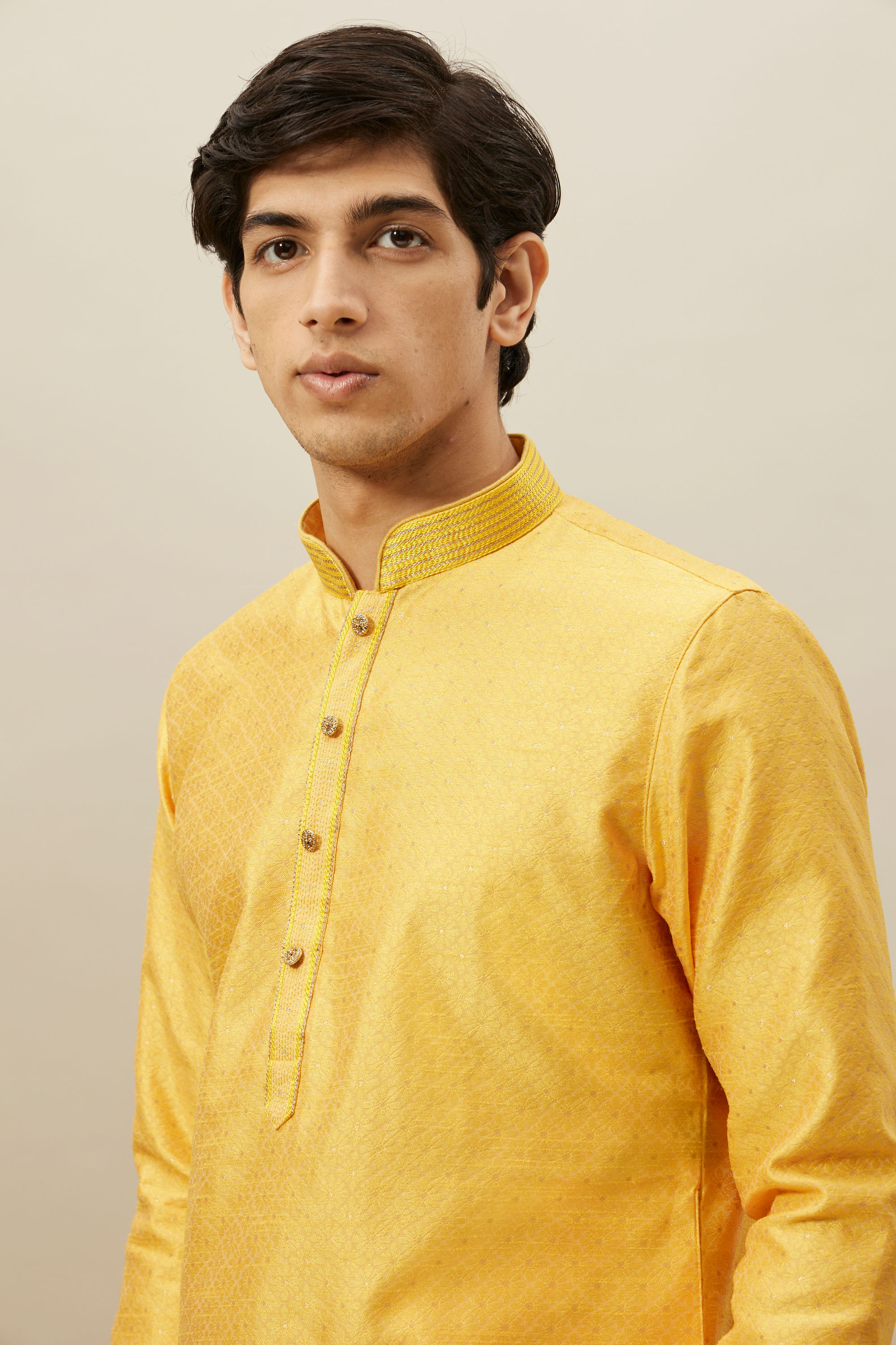 Manyavar Men Illuminating Yellow Floral Patterned Kurta Set